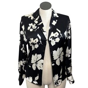 Black White Floral Print Satin Collar Button Down Shirt‎ Top Womens Size S